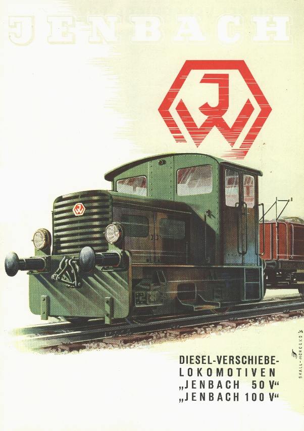 <B>Denna originalbroschyr från 1954</B> fick vi från GIA. På framsidan ses ett Jenbach 50V-lok susa fram, (observera intrycket av kraft och snabbhet som bilden ger!!!) och i broschyren finns utförliga beskrivningar av Jenbach 50V och 100V med dragkraftstabeller, motordata och allmänna beskrivningar av loken!